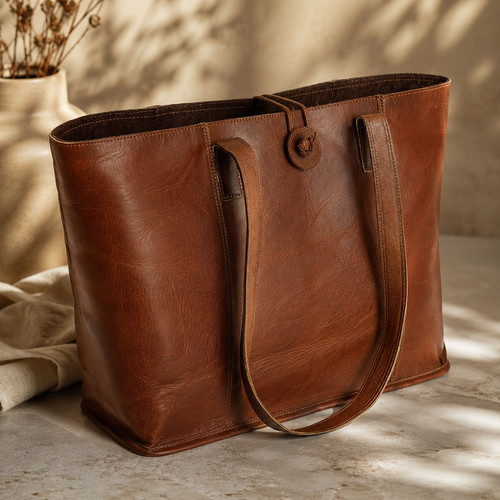 Women brown leather tote bag - brown,