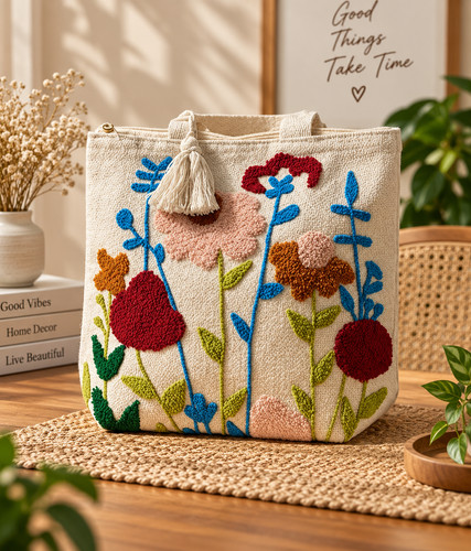 Boho floral embroidered tote - floral,