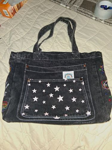 Black denim tote bag - black, with