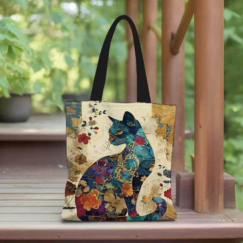 Floral cat canvas tote bag - cat,